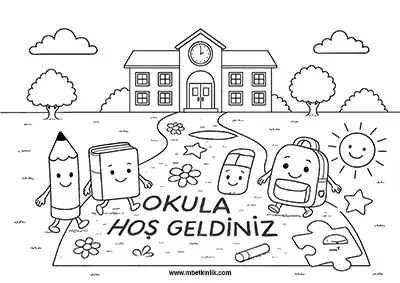 “Okula Hoş Geldiniz” Yazılı Yolda Yürüyen Kırtasiye Karakterleri Boyama Sayfası