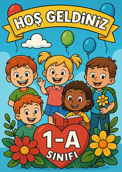 1-A Sınıfı Kapı Posteri – Balonlu, Çiçekli Hoş Geldiniz (Model 2)