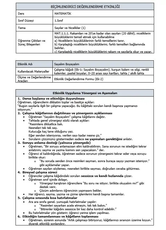 1. Sınıf Matematik - MAT.1.1.1. 20’ye Kadar Olan Sayılar - Biçimlendirici Süreç Değerlendirme Etkinliği