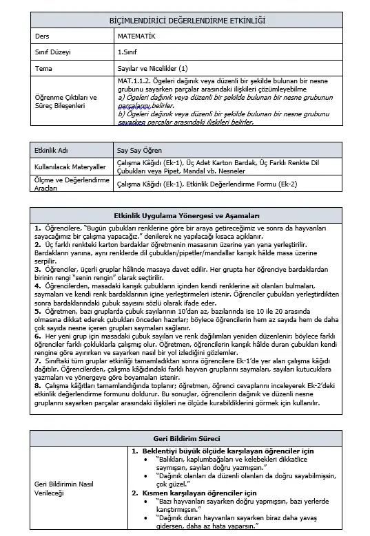 1. Sınıf Matematik - MAT.1.1.2. Nesneleri Sayma - Biçimlendirici Süreç Değerlendirme Etkinliği
