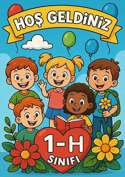 1-H Sınıfı Kapı Posteri – Balonlu, Çiçekli Hoş Geldiniz (Model 2)