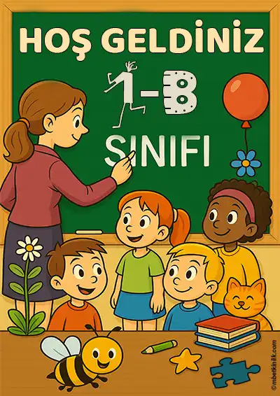 1-B Sınıfı Kapı Posteri – Öğretmenli, Çocuklu, Arılı Hoş Geldiniz (Model 3)