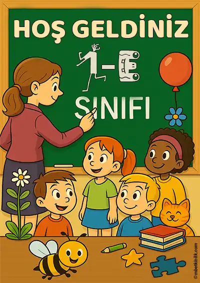 1-E Sınıfı Kapı Posteri – Öğretmenli, Çocuklu, Arılı Hoş Geldiniz (Model 3)