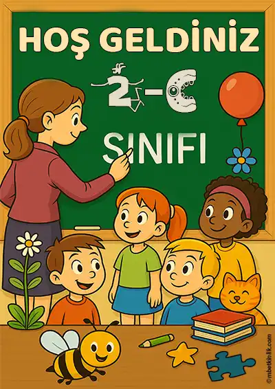 2-C Sınıfı Kapı Posteri – Öğretmenli, Çocuklu, Arılı Hoş Geldiniz (Model 3)