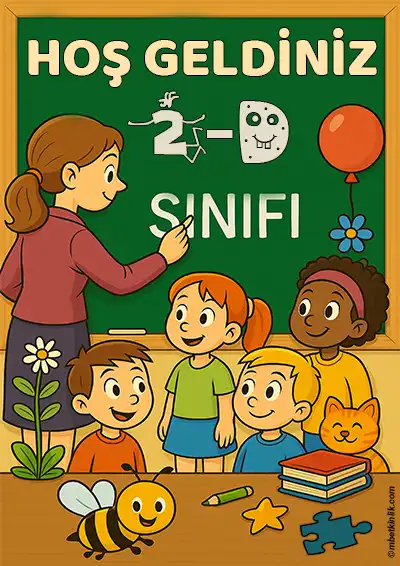 2-D Sınıfı Kapı Posteri – Öğretmenli, Çocuklu, Arılı Hoş Geldiniz (Model 3)
