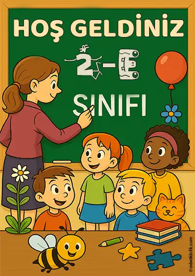 2-E Sınıfı Kapı Posteri – Öğretmenli, Çocuklu, Arılı Hoş Geldiniz (Model 3)