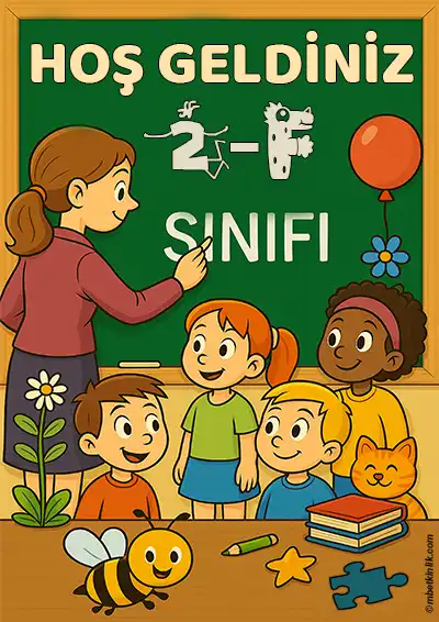 2-F Sınıfı Kapı Posteri – Öğretmenli, Çocuklu, Arılı Hoş Geldiniz (Model 3)