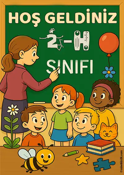 2-H Sınıfı Kapı Posteri – Öğretmenli, Çocuklu, Arılı Hoş Geldiniz (Model 3)
