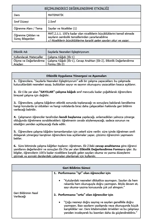 2. Sınıf Matematik - MAT.2.1.2. Sayılarda Çözümleme - Biçimlendirici Süreç Değerlendirme Etkinliği