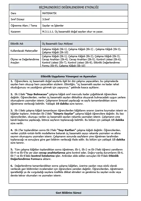 3. Sınıf Matematik - M.3.1.1.1 Üç Basamaklı Doğal Sayılar - Biçimlendirici Süreç Değerlendirme Etkinliği