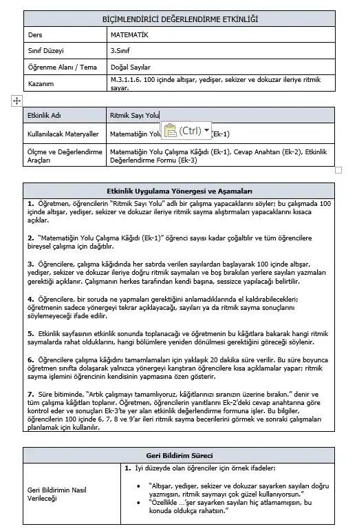 3. Sınıf Matematik - M.3.1.1.6 Ritmik Sayma - Biçimlendirici Süreç Değerlendirme Etkinliği