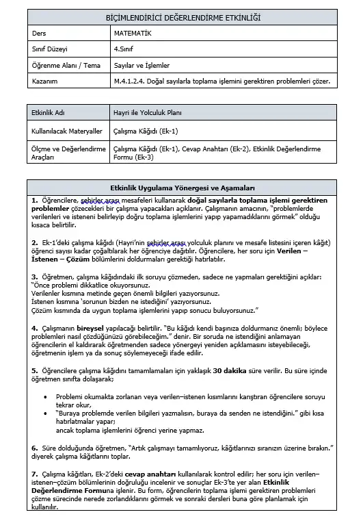 4. Sınıf Matematik - M.4.1.2.4 Toplama İşlemi Problemleri - Biçimlendirici Süreç Değerlendirme Etkinliği