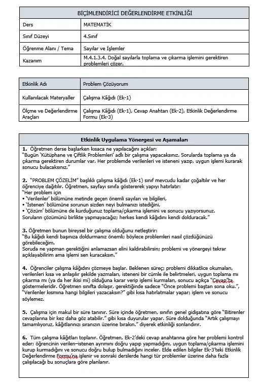 4. Sınıf Matematik - M.4.1.3.4 Toplama ve Çıkarma İşlemi Problemleri - Biçimlendirici Süreç Değerlendirme Etkinliği