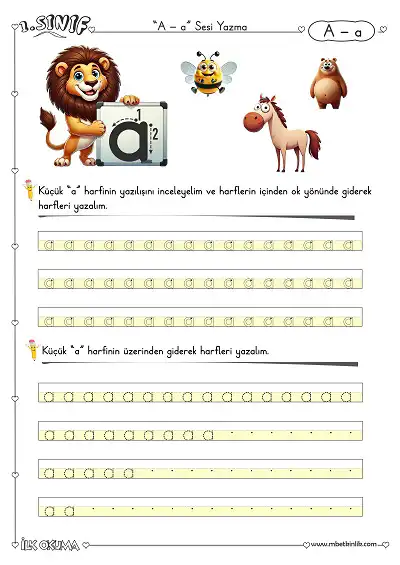 1. Sınıf İlk Okuma Büyük ve Küçük A Sesi Yazma Etkinliği
