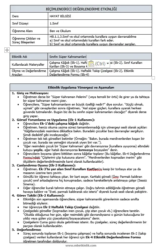 1. Sınıf Hayat Bilgisi - HB.1.1.3 Kurallar Her Yerde Biçimlendirici Süreç Değerlendirme Etkinliği