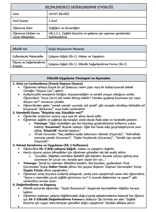 1. Sınıf Hayat Bilgisi - HB.1.2.1 Sağlıklı Hayat Ne Güzel Biçimlendirici Süreç Değerlendirme Etkinliği