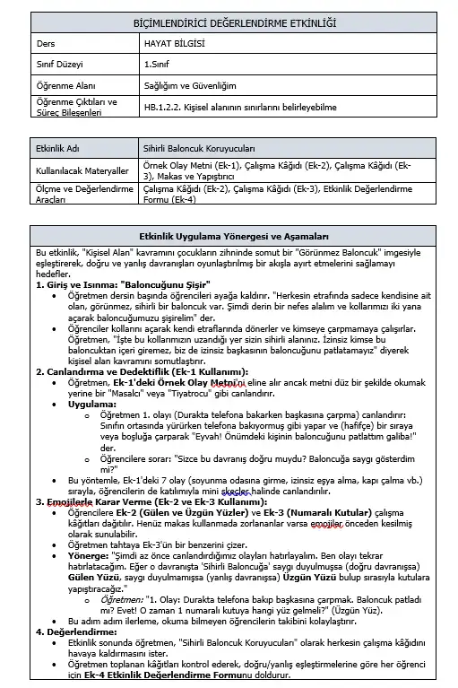 1. Sınıf Hayat Bilgisi - HB.1.2.2 Kişisel Alanıma Dikkat Biçimlendirici Süreç Değerlendirme Etkinliği