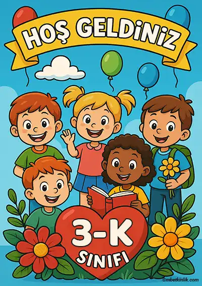 3-K Sınıfı Kapı Posteri – Balonlu, Çiçekli Hoş Geldiniz (Model 2)