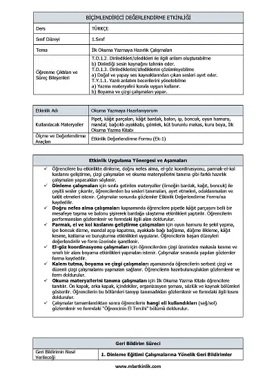 1. Sınıf İlk Okuma Yazmaya Hazırlık Çalışmaları - Süreç Değerlendirme Etkinliği ve Formu