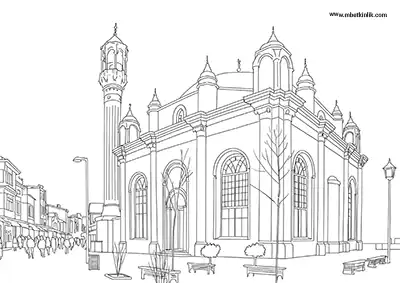 Konya Aziziye Camii ve Tarihî Çarşı Manzarası Boyama Sayfası