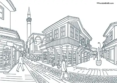 Konya Bedesten Çarşısı ve Tarihî Sokaklar Boyama Sayfası