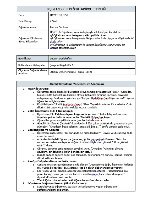 2. Sınıf Hayat Bilgisi - HB.2.1.3 İletişim Var, Sorun Yok Biçimlendirici Süreç Değerlendirme Etkinliği