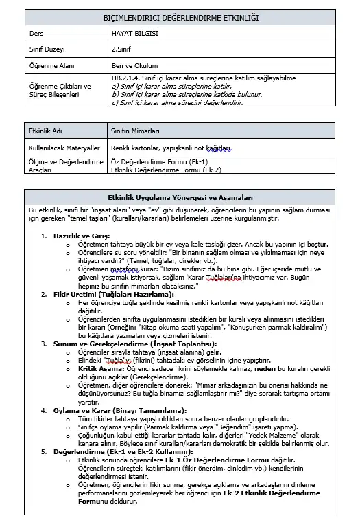 2. Sınıf Hayat Bilgisi - HB.2.1.4 - Karar Verme Zamanı - Biçimlendirici Süreç Değerlendirme Etkinliği