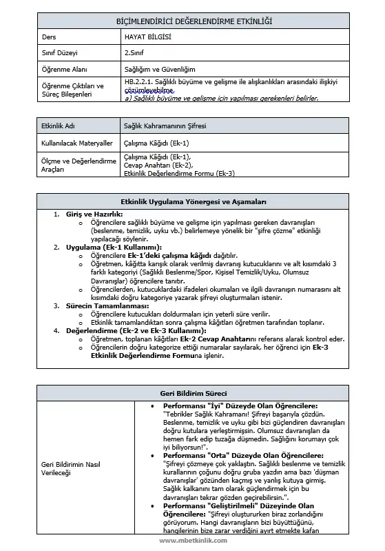 2. Sınıf Hayat Bilgisi - HB.2.2.1 - Sağlıklı Alışkanlıklar - Biçimlendirici Süreç Değerlendirme Etkinliği