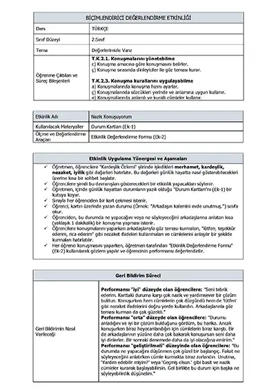 2. Sınıf Türkçe - Değerlerimizle Varız Teması: Nazik Konuşuyorum (Biçimlendirici Değerlendirme Etkinliği)