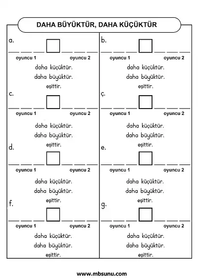 3. Sınıf Matematik – Sayıları Karşılaştırma Oyunu (pdf)