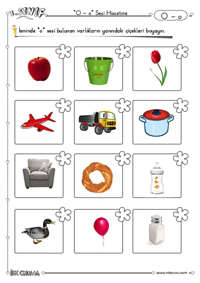 1. Sınıf İlk Okuma O Sesi Hissettirme Etkinliği – Çiçekleri Boya