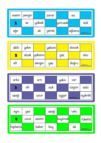 Zıt Anlamlı Sözcükler Tombala Oyunu – PDF