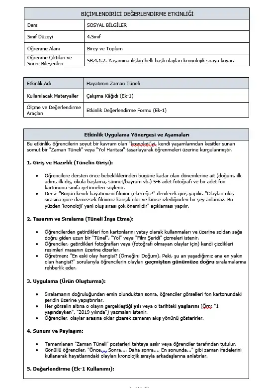 4. Sınıf Sosyal Bilgiler - SB.4.1.2. - Kronoloji - Biçimlendirici Süreç Değerlendirme Etkinliği