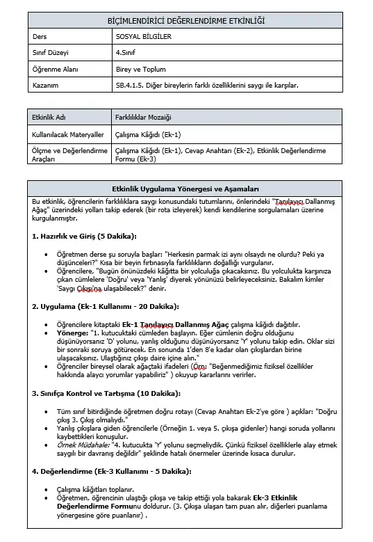 4. Sınıf Sosyal Bilgiler - SB.4.1.5. - Saygılıyız - Biçimlendirici Süreç Değerlendirme Etkinliği