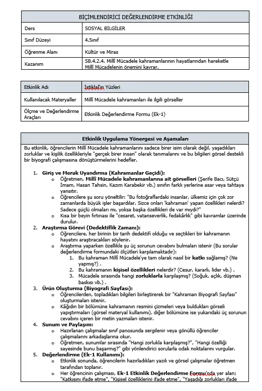 4. Sınıf Sosyal Bilgiler - SB.4.2.4. - İstiklal'in Yüzleri - Biçimlendirici Süreç Değerlendirme Etkinliği