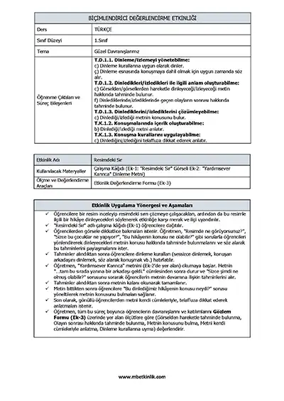 1. Sınıf Güzel Davranışlarımız Teması - Dinleme/Konuşma Biçimlendirici Süreç Değerlendirme Etkinliği