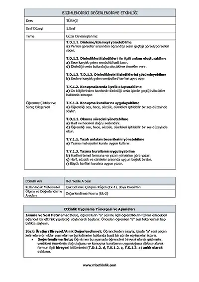 1. Sınıf Güzel Davranışlarımız Teması - A Sesi Biçimlendirici Süreç Değerlendirme Etkinliği