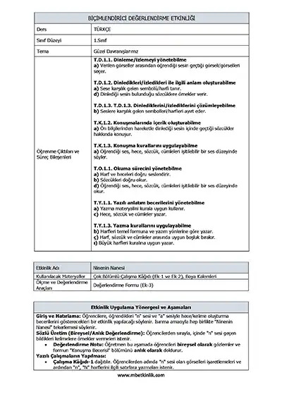 1. Sınıf Güzel Davranışlarımız Teması - N Sesi Biçimlendirici Süreç Değerlendirme Etkinliği