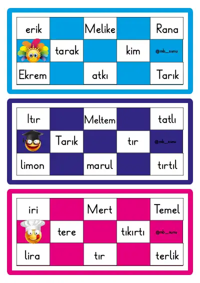 1. Sınıf - Sözcük Tombalası Oyunu (2.Grup Harflere Kadar) - PDF