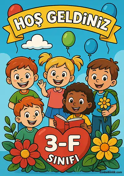 3-F Sınıfı Kapı Posteri – Balonlu, Çiçekli Hoş Geldiniz (Model 2)