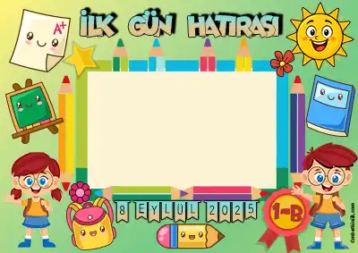 1-B Sınıfı İlk Gün Hatırası Posteri – Sevimli Okul Araç Gereçleri (Model 28)