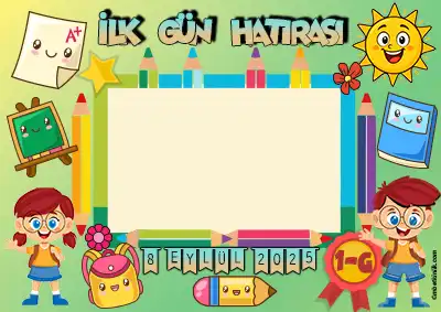 1-G Sınıfı İlk Gün Hatırası Posteri – Sevimli Okul Araç Gereçleri (Model 28)