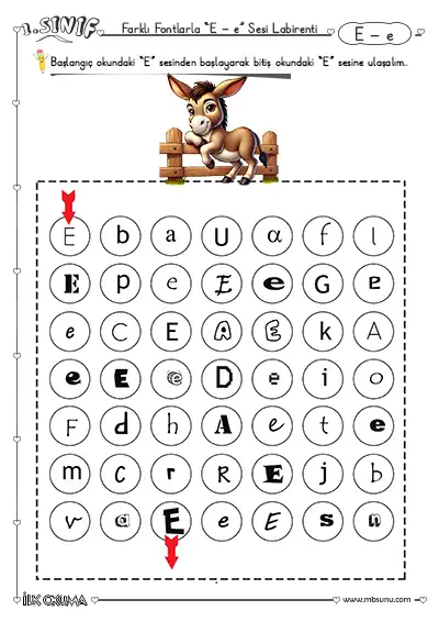 1. Sınıf İlk Okuma E Sesi Labirent Etkinliği – Farklı Fontlarla
