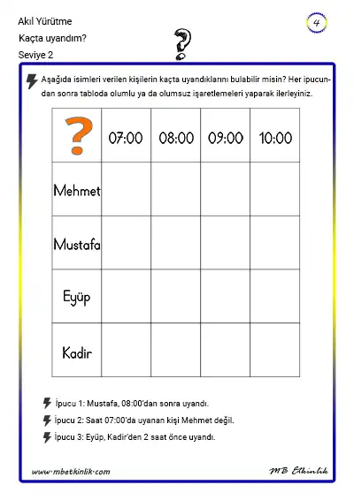 Kaçta Uyandım? – Akıl Yürütme Etkinliği (Seviye 2)
