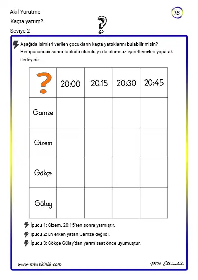 Kaçta yattım? – Akıl Yürütme Etkinliği (Seviye 2)