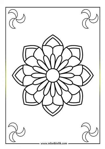 Kolay Mandala Boyama Sayfası – Geniş Yapraklı Çiçek Motifi