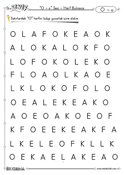 1. Sınıf İlk Okuma O Sesi Harf Bulmaca Etkinliği