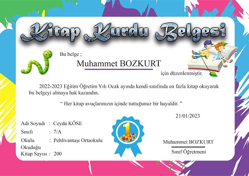 Kitap Kurdu Temalı Kitap Okuma Belgesi