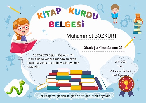Kitap ve Kitap Kurdu Temalı Kitap Okuma Belgesi