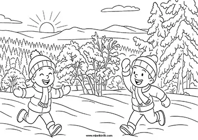 Karlı Ormanda Koşan İki Çocuk Boyama Sayfası